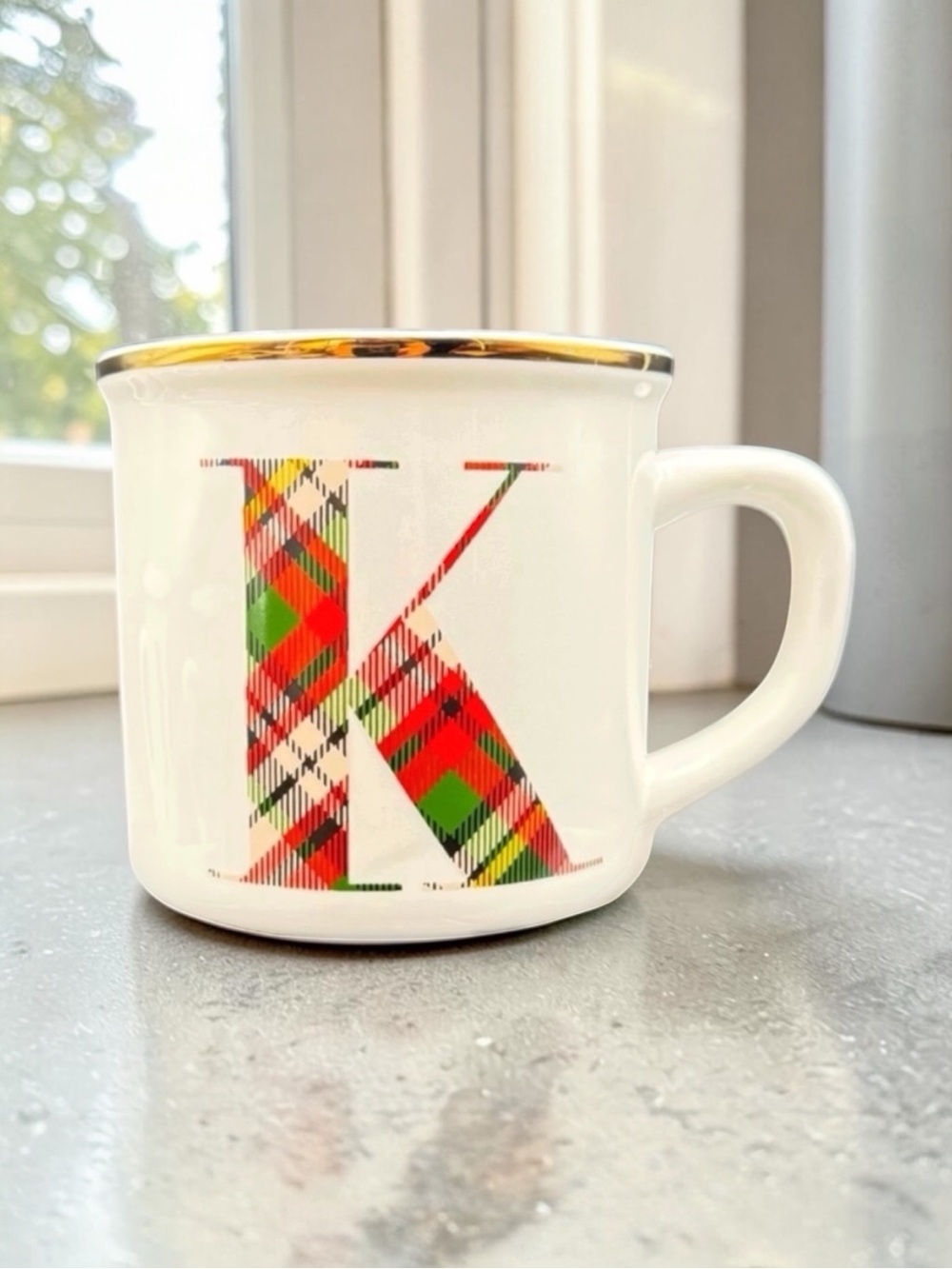 Pottery Barn l Plaid “K” & White Coffee Mug Fall Holidays